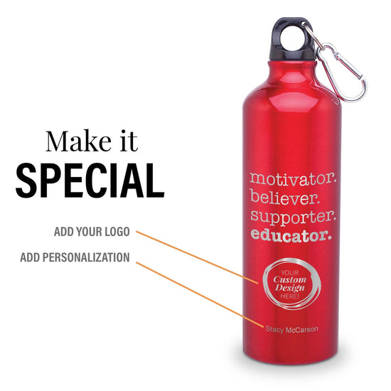 motivator red 24 oz carabiner canteen with add your logo and personalization