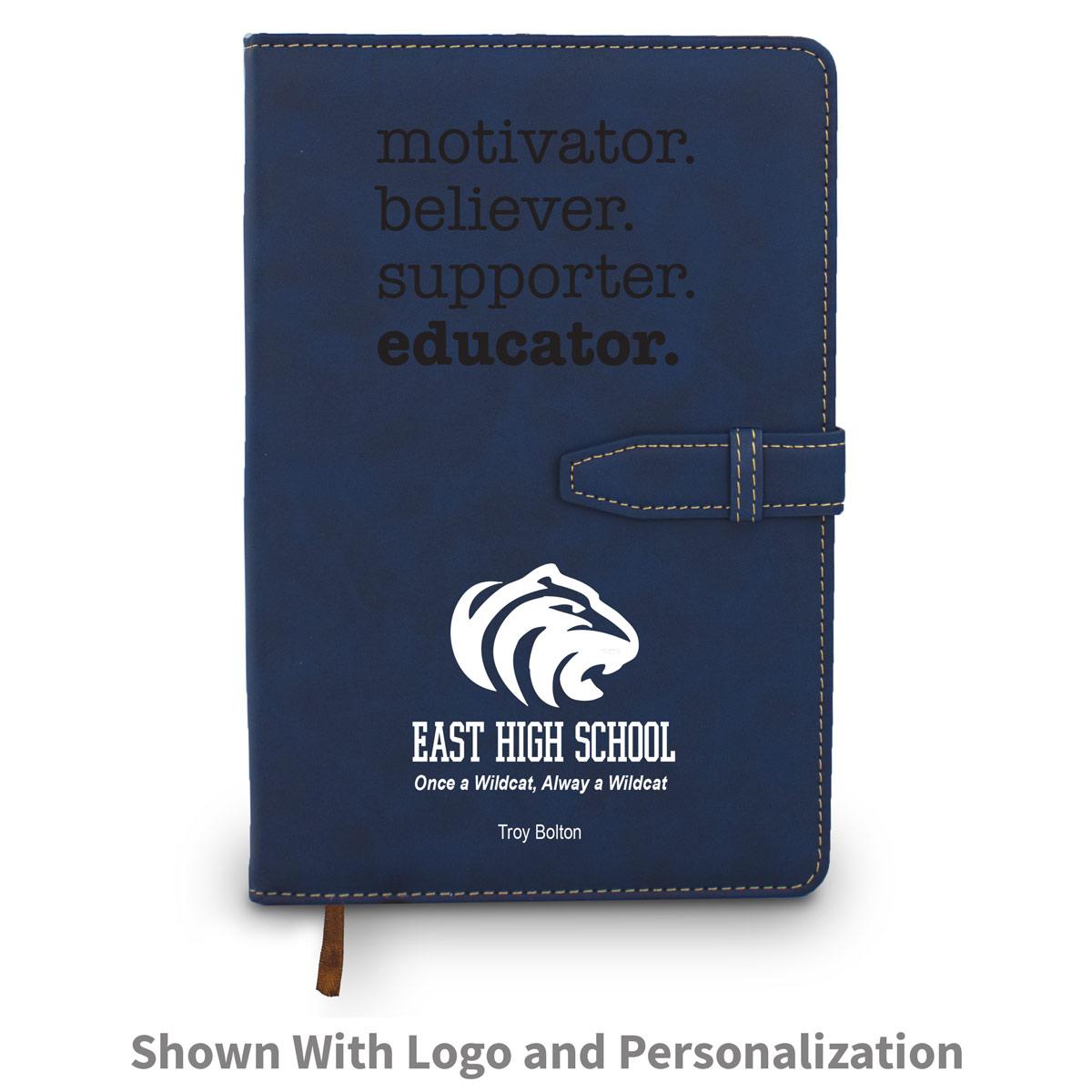 blue  motivator believer supporter educator hardbound journal with custom logo and personalization