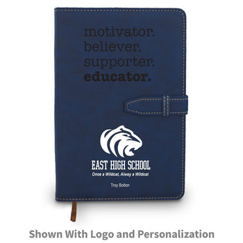 blue  motivator believer supporter educator hardbound journal with custom logo and personalization