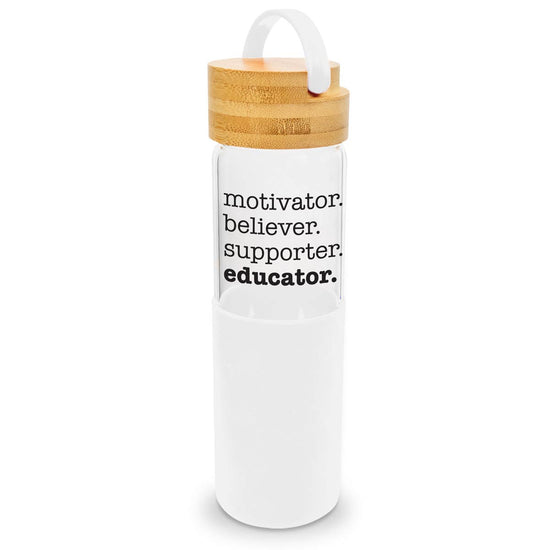 20 oz. water bottle w/ white silicone sleeve, bamboo lid and carrying handle. Featured message: motivator believer supporter educator.