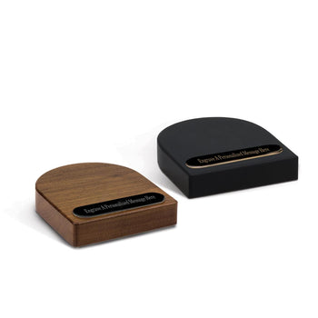 black and brown walnut podium bases and personalized black brass plates