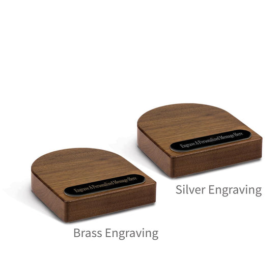 two walnut podium bases and personalized black brass plates