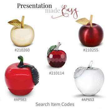 brass apple bell, crimson brass apple bell, faceted crystal apple, red glass apple, and crystal apple