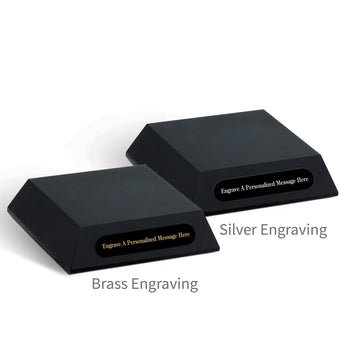 two black walnut pyramid bases with personalized black brass plates
