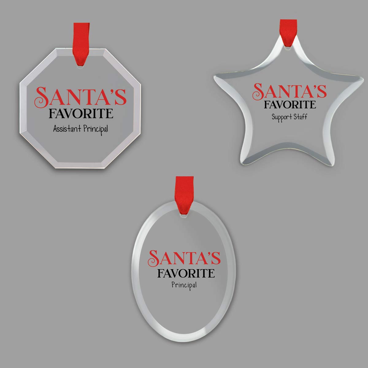 different shapes of crystal ornament with santa's favorite message and satin ribbon