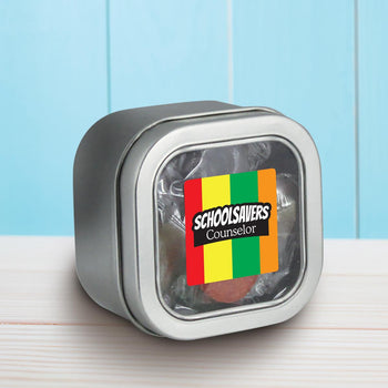 square tin with schoolsaver message and individually wrapped lifesavers