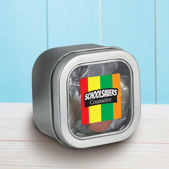 square tin with schoolsaver message and individually wrapped lifesavers