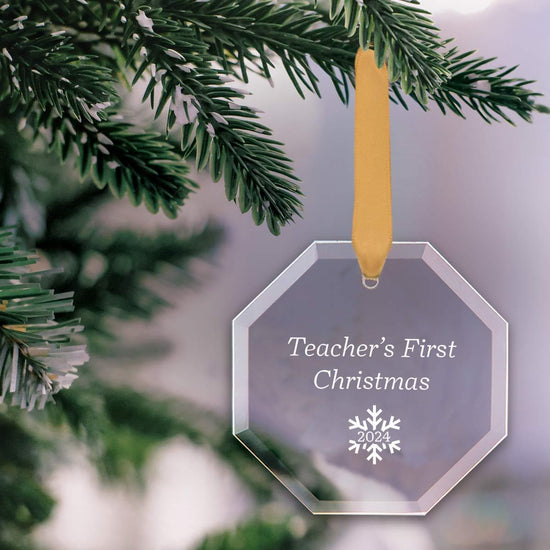 octagon shaped crystal ornament with teacher's first christmas message and gold satin ribbon