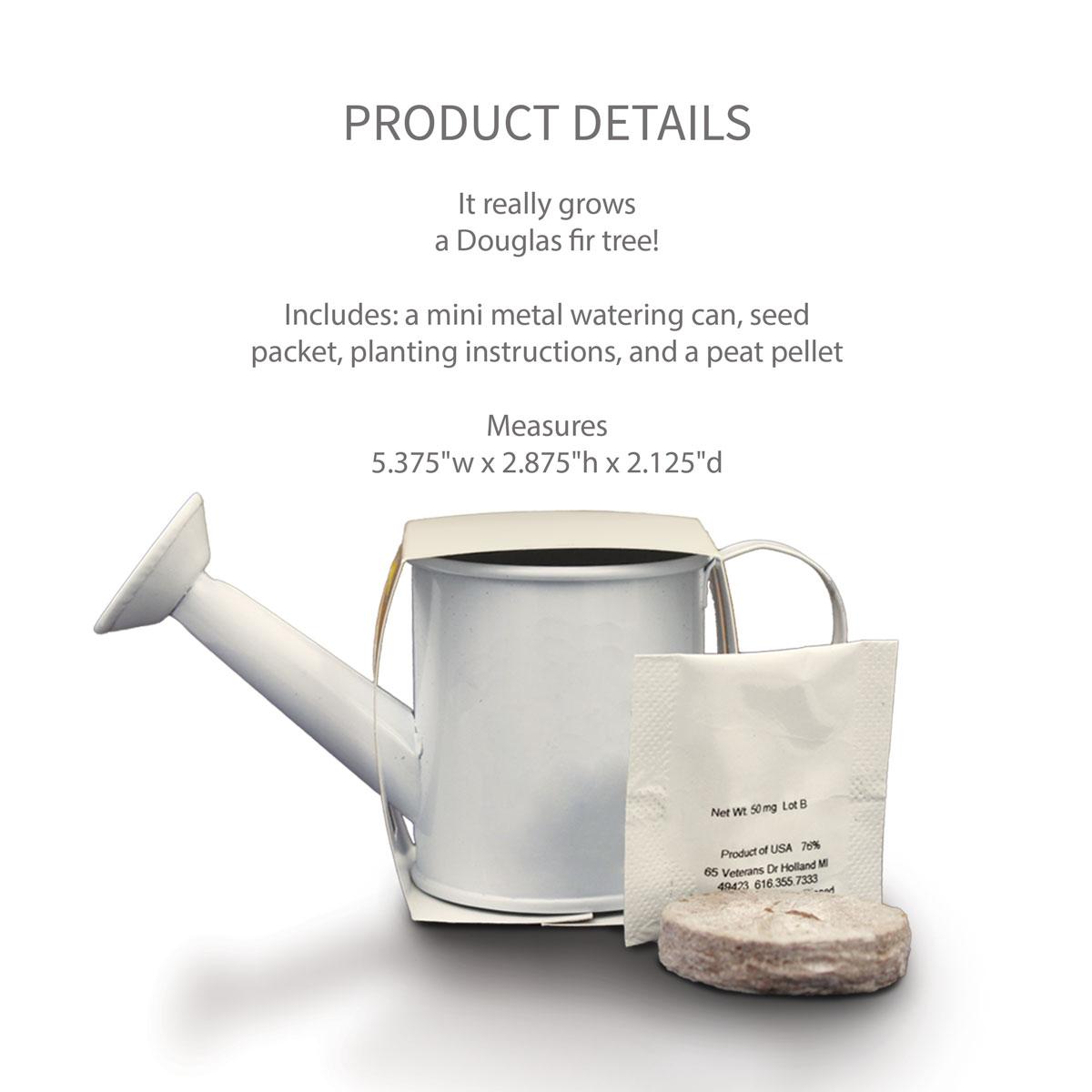 mini watering can with peat pellet and seed packet with product details