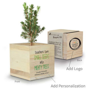 wooden cube with teacher's tree of life message and add you logo