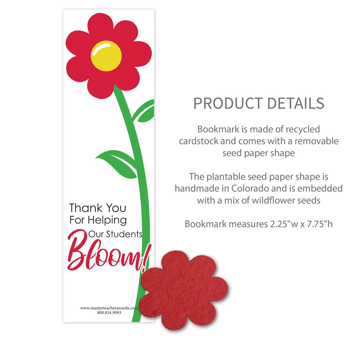bookmark with thank you for helping message and product details