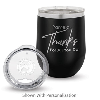 black 12 oz. stainless steel tumblers with thanks message and personalization