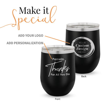 black 12 oz. stainless steel tumbler with thanks message and add your logo