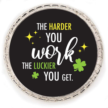 Kudo Coin With “The Harder You Work The Luckier You Get”. Made Of Silver Metal Featuring Rope Design Around The Outside.