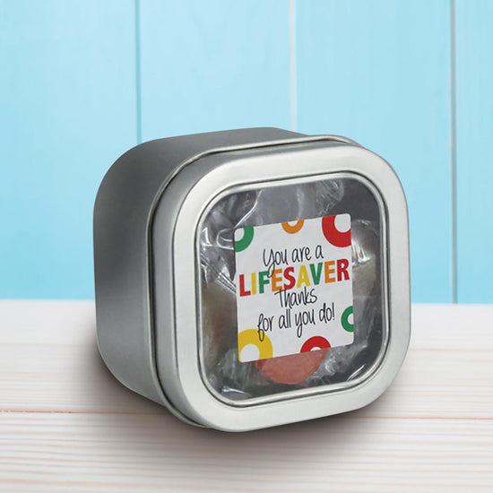 square tin with you are a lifesaver message and individually wrapped lifesavers
