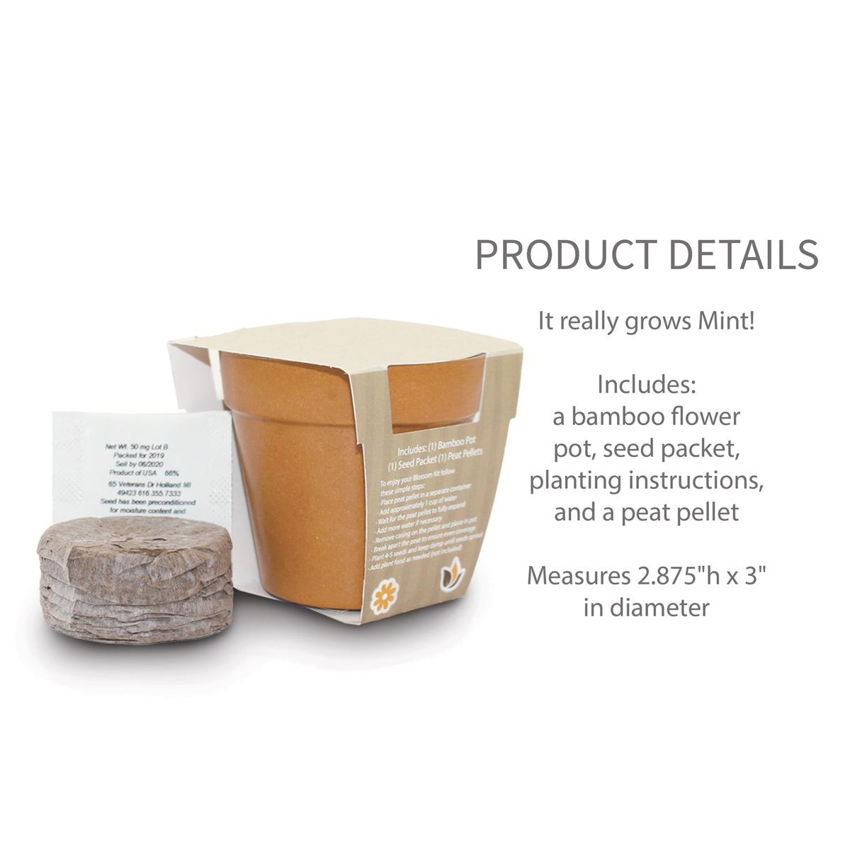 flower pot with peat pellet and seed packet with product details