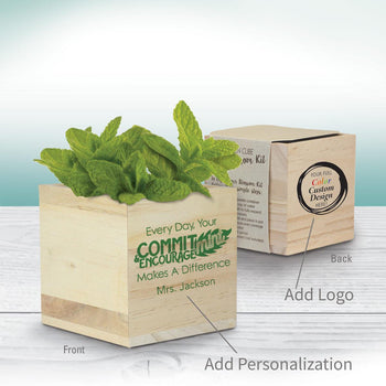 commit-mint wooden cube plant kit with personalization and add you logo