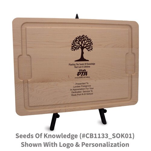 12x17 maple rectangle cutting board with seeds of knowledge message