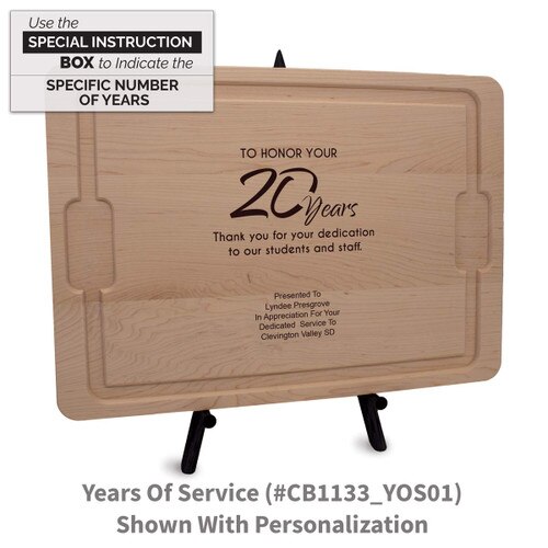 12x17 maple rectangle cutting board with years of service message