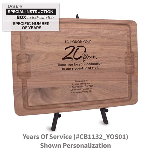 12x17 walnut rectangle cutting board with years of service message