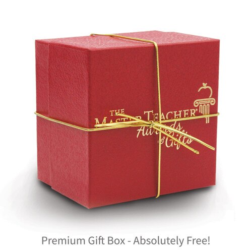 red gift box with gold elastic bow and The Master Teacher logo