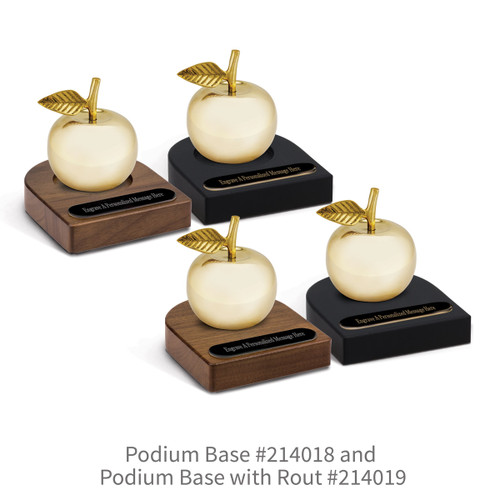 black and brown walnut podium bases with black brass plates and brass apple bells