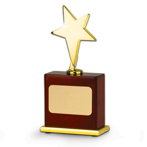 gold star on a lacquered wood base with brass plate