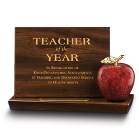 base award with teacher of the year plaque and red marble apple