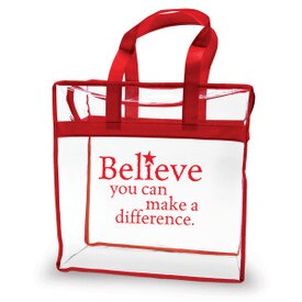 clear plastic bag with red trim and handle with believe you can message