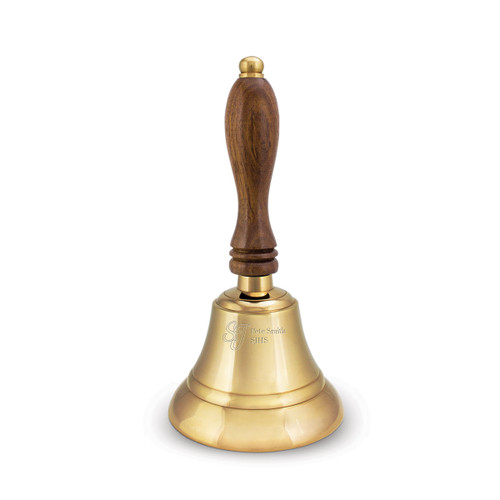 brass bell with wooden handle and personalization and logo
