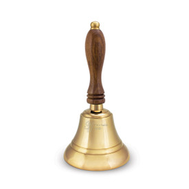 brass bell with wooden handle and personalization
