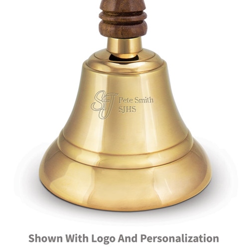 brass bell with wooden handle and personalization and logo