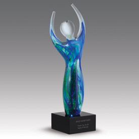 crystal statue with blue and green swirls on black crystal base