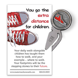 red sneaker metal bookmark with message card