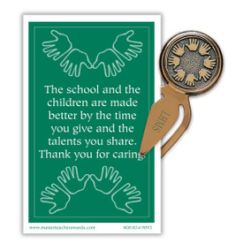metal bookmark with several hands and thank you message card