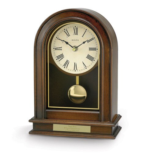 bulova hardwick solid wood clock with walnut finish and brass-toned pendulum