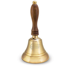 deluxe brass bell with wooden handle and personalization and logo