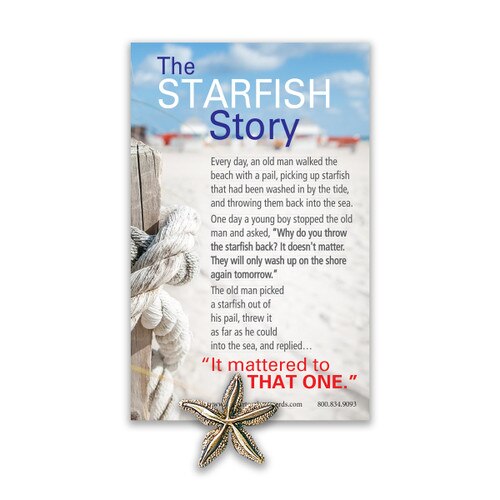 starfish shaped lapel pin with message card