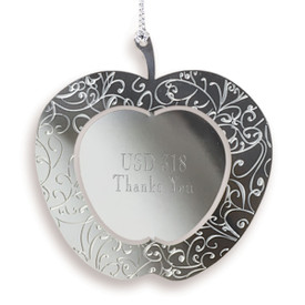 apple shaped stainless steel ornament with personalization and silver cord