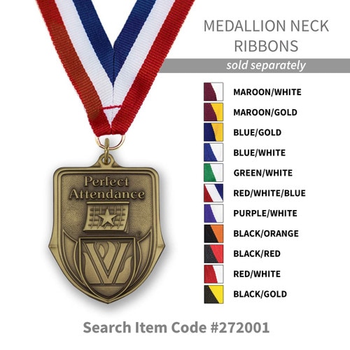 several colors of neck ribbons for the perfect attendance shield medal