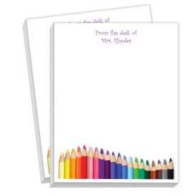 personalized notepads with colored pencil bottom border and from the desk of custom message on top border