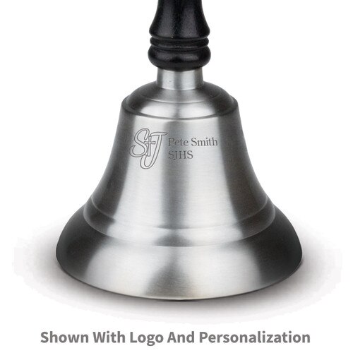 pewter bell with black wooden handle and personalization and logo