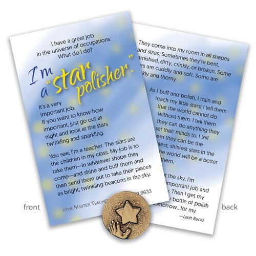 star polisher lapel pin with front and back sides of message card