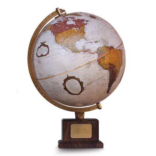 globe mounted atop a walnut base and personalized brass plate