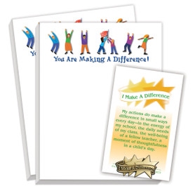 gift package including lapel pin and 2 notepads with making a difference message