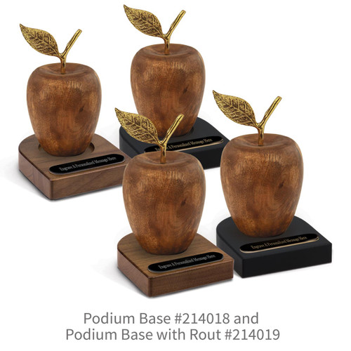 black and brown walnut podium bases with acacia wood apples