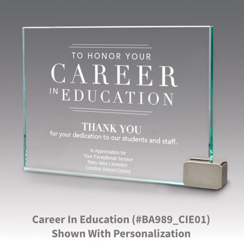 jade glass award with metal rectangle holder and career in education message