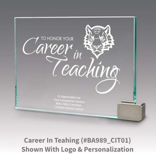 jade glass award with metal rectangle holder and career in teaching message