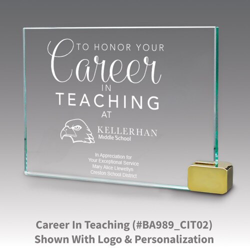 jade glass award with metal rectangle holder and career in teaching message