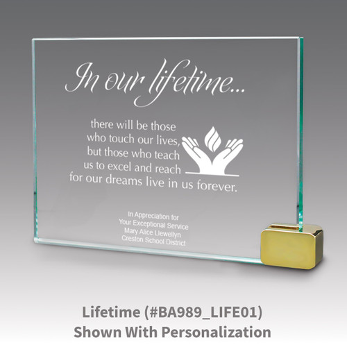 jade glass award with metal rectangle holder and in our lifetime message